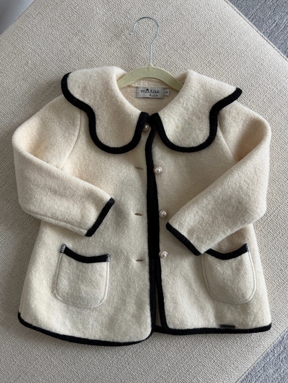 Cream Wool Pea Coat with Black Trim